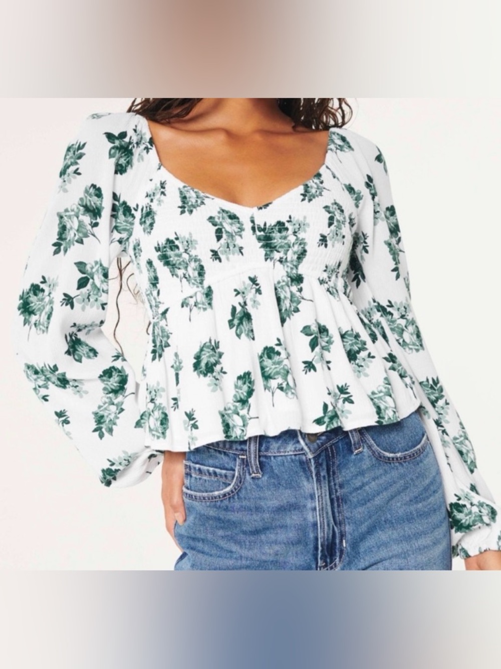 Hollister White Long-Sleeve Floral Smocked Peplum Top #Bridgerton vibes